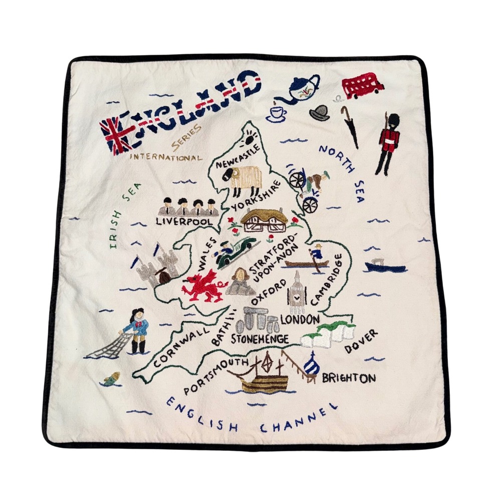 Catstudio England Hand Embroidered Pillow Cover Unisex 19x19 Cream Excellent Map